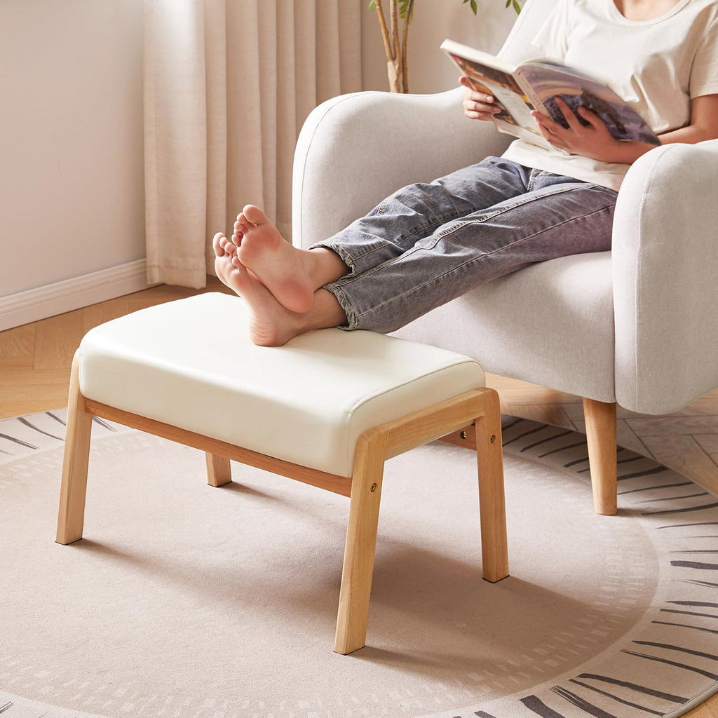Large Footstool Ottoman, PU Faux Leather Footrest, White
