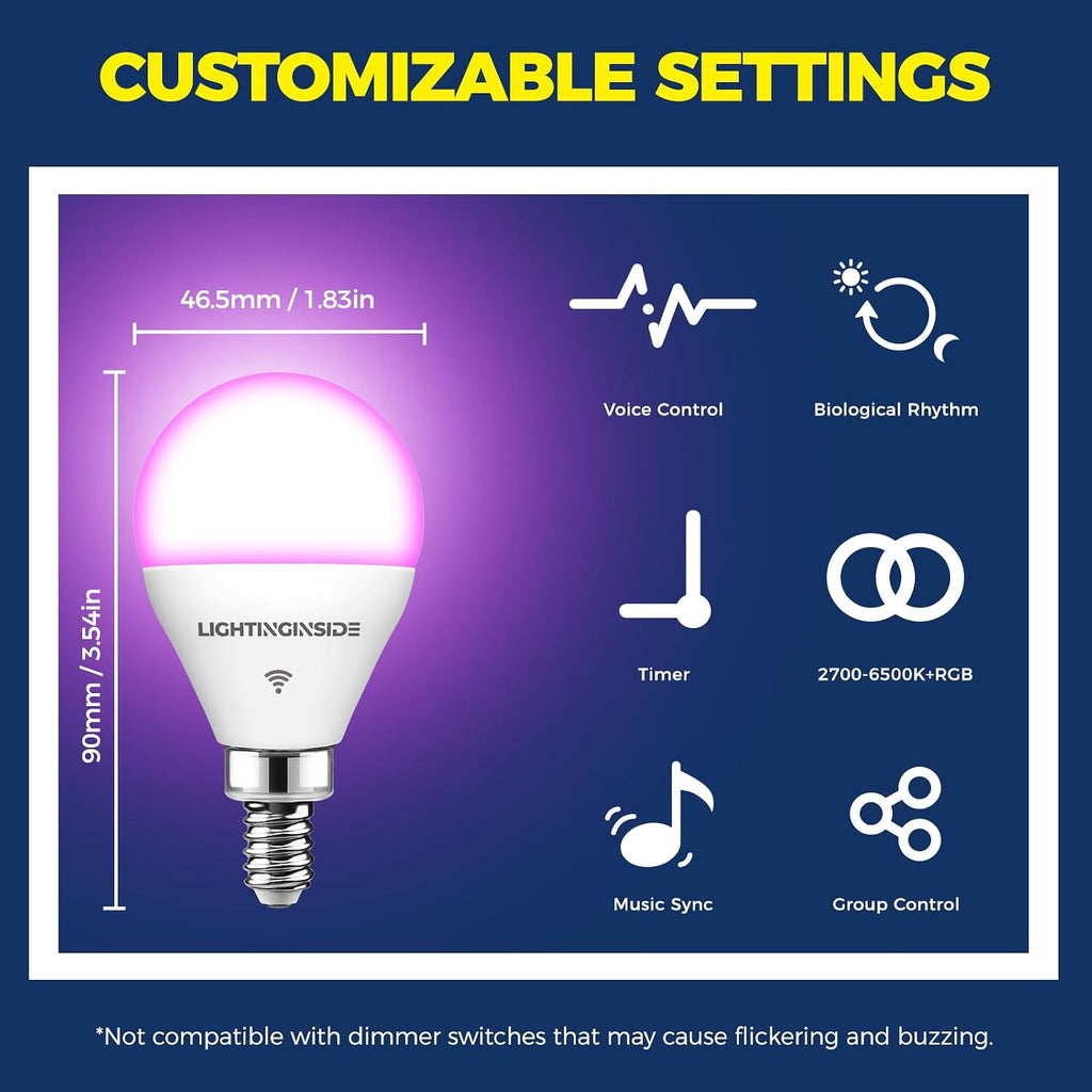E12 Smart Light Bulb Compatible with Alexa/Google Home, 2PCS