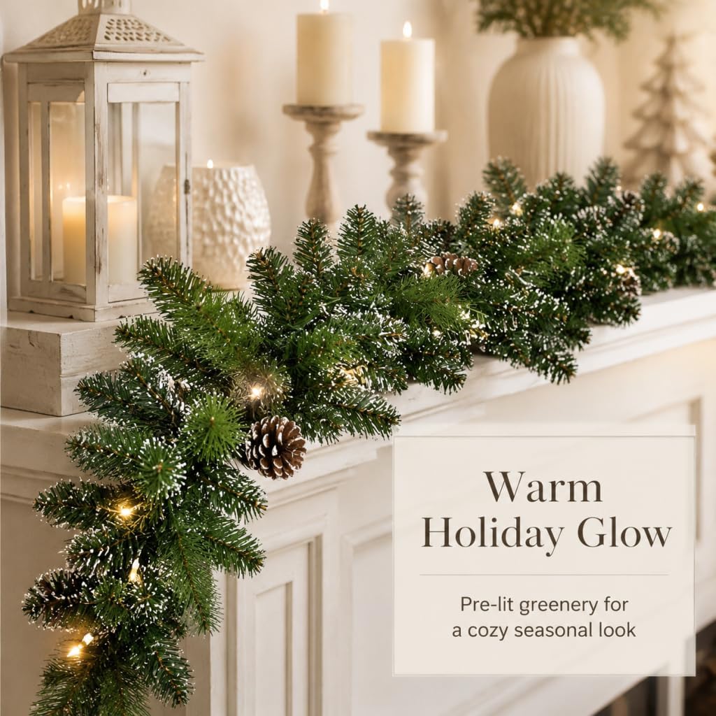 9FT Pre-Lit Artificial Christmas Garland with 50 Lights, White Garland with Pine Cones and Red Berries, Plug-in Snowy