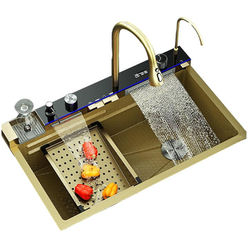 29.5 INCH Digital Display Embossed Stainless Steel Gold Raindance Waterfall Sink with Pressurized Cup Washer and Two