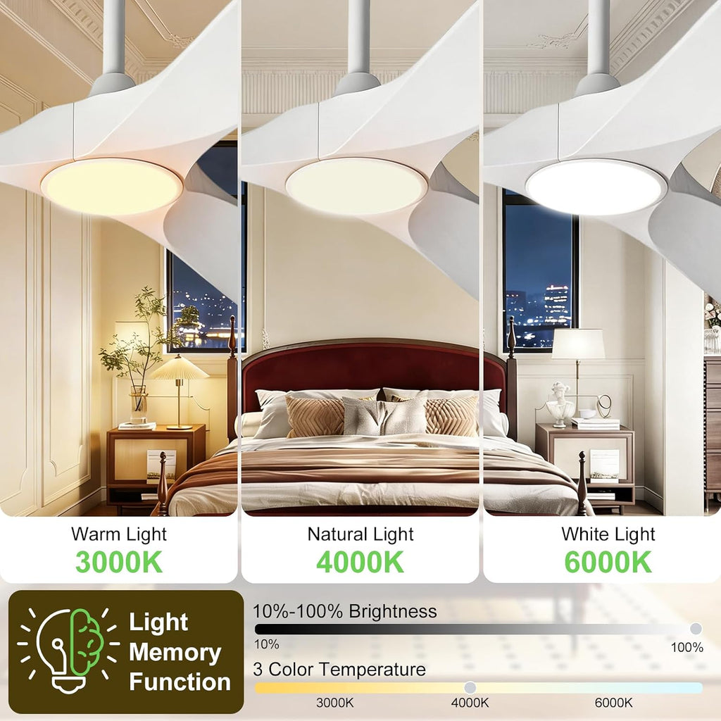 Inspired Maverick Style 52 Inch White Ceiling Fan with Light and Remote - 3 Solid Wood Blades, Dimmable LED, 6-Speed Quiet DC Motor