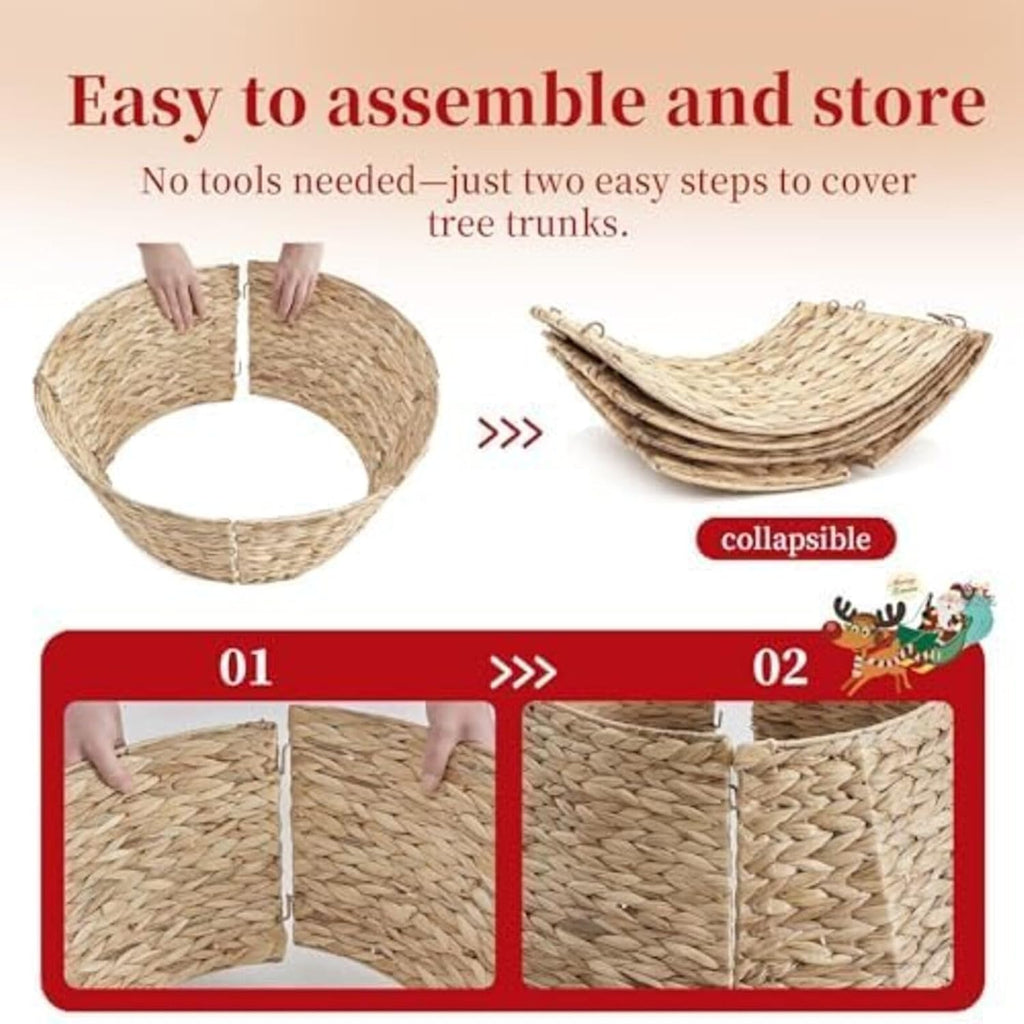 24inch Christmas Tree Collar for 4-7ft Trees, Woven Hyacinth Rattan 4-Panel Collar w/Cord Access Hole & Easy Lock