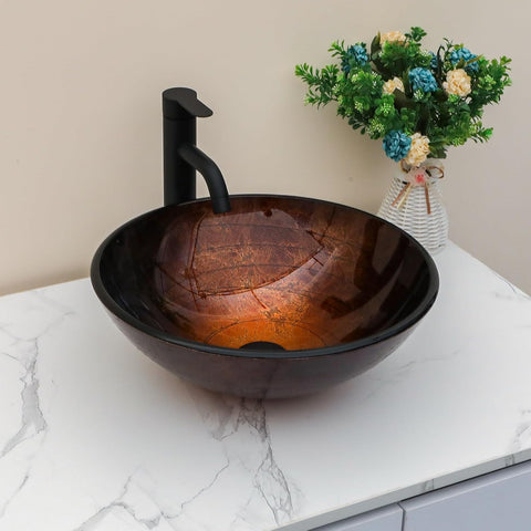 Sarlai Artistic Vessel Sink Bathroom Vessel Sink Round Brown Tempered Glass Vanity Round Bowl With Pop-up Drain 16-1/2