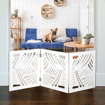 Freestanding Dog Gate Expandable Decorative Wooden Fence for Small to Medium Pet Dogs, Barrier for Stairs, Doorways
