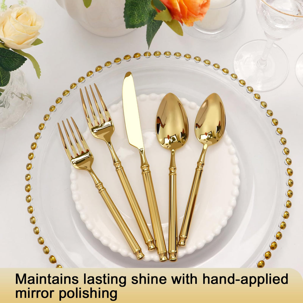 Gold Silverware Set 18/10 Stainless Steel Vintage Flatware Set, 20-Piece Hand Forged Mirror Gold Finish Cutlery