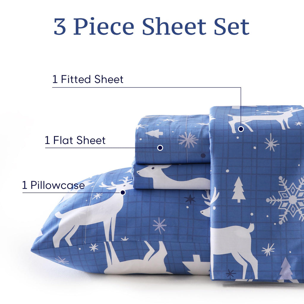 Blue Buffalo Plaid Deer Printed Cotton Sheet Set Deep Pocket