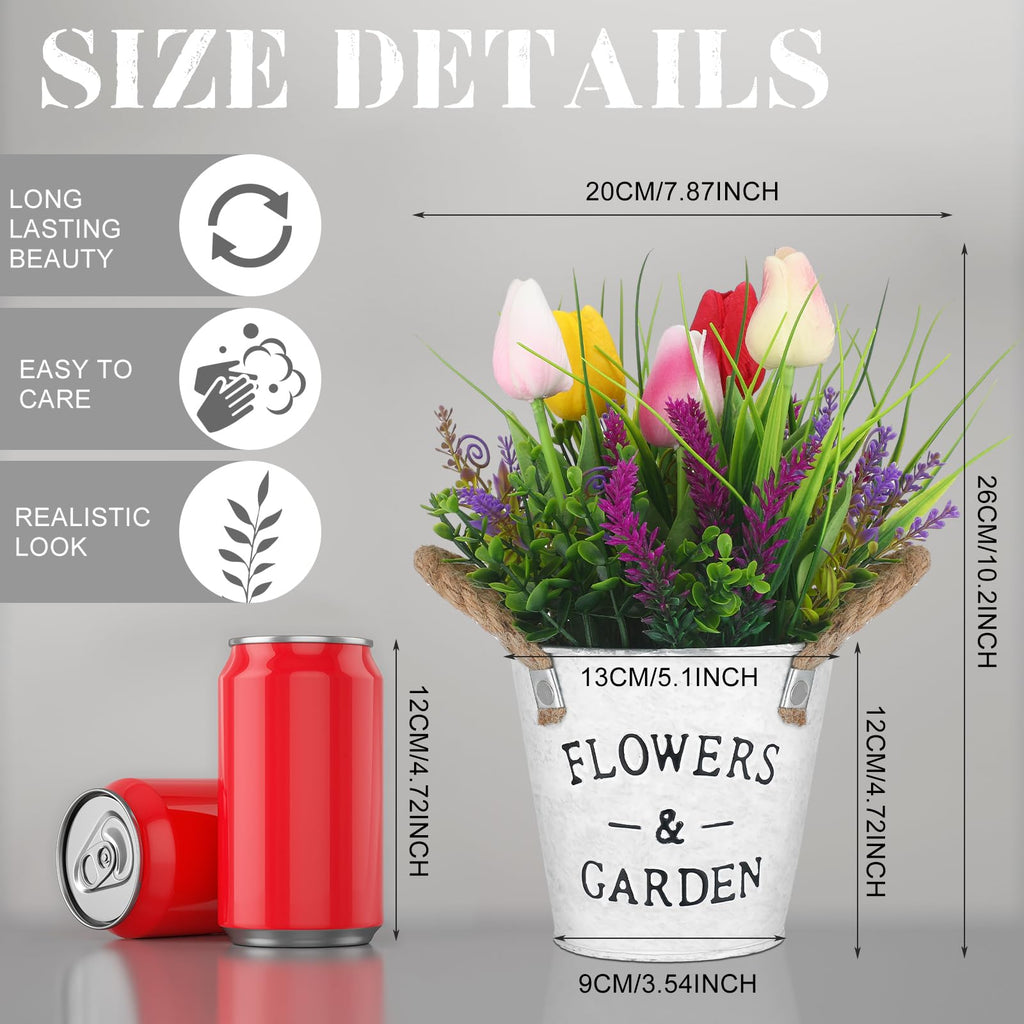 Summer Spring Flower Table Centerpiece, 10" Tall Fake Tulips Lavender in Vase Farmhouse Floral Arrangement Artificial