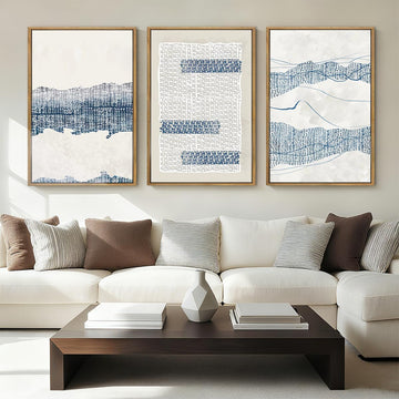 Large Blue Abstract Canvas Wall Art Framed 24x36 Inch Neutral Minimalist Modern Wall Art Mid Century Boho Artwork