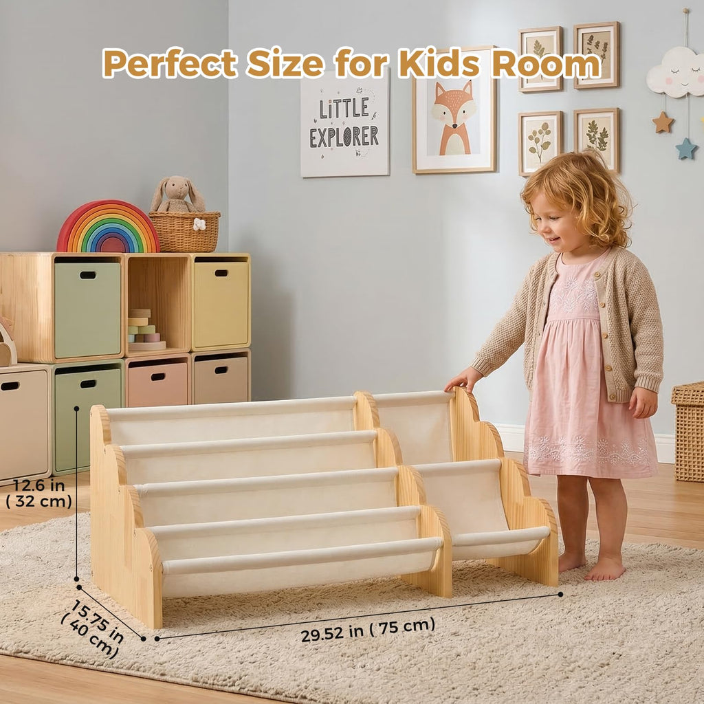 4-Tier Wooden Bookshelf with Storage, Front-Facing Sling Bookcase Organizer with Wavy Edge, Perfect for Playroom