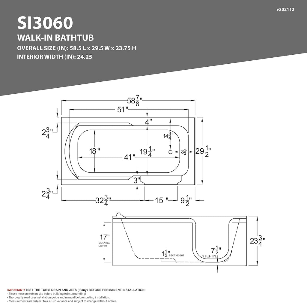 Walk In Tub 60'' x 30'' White Acrylic with Chrome Accents Right Drain, Low Threshold, Slip-Resistant Floor, Easy