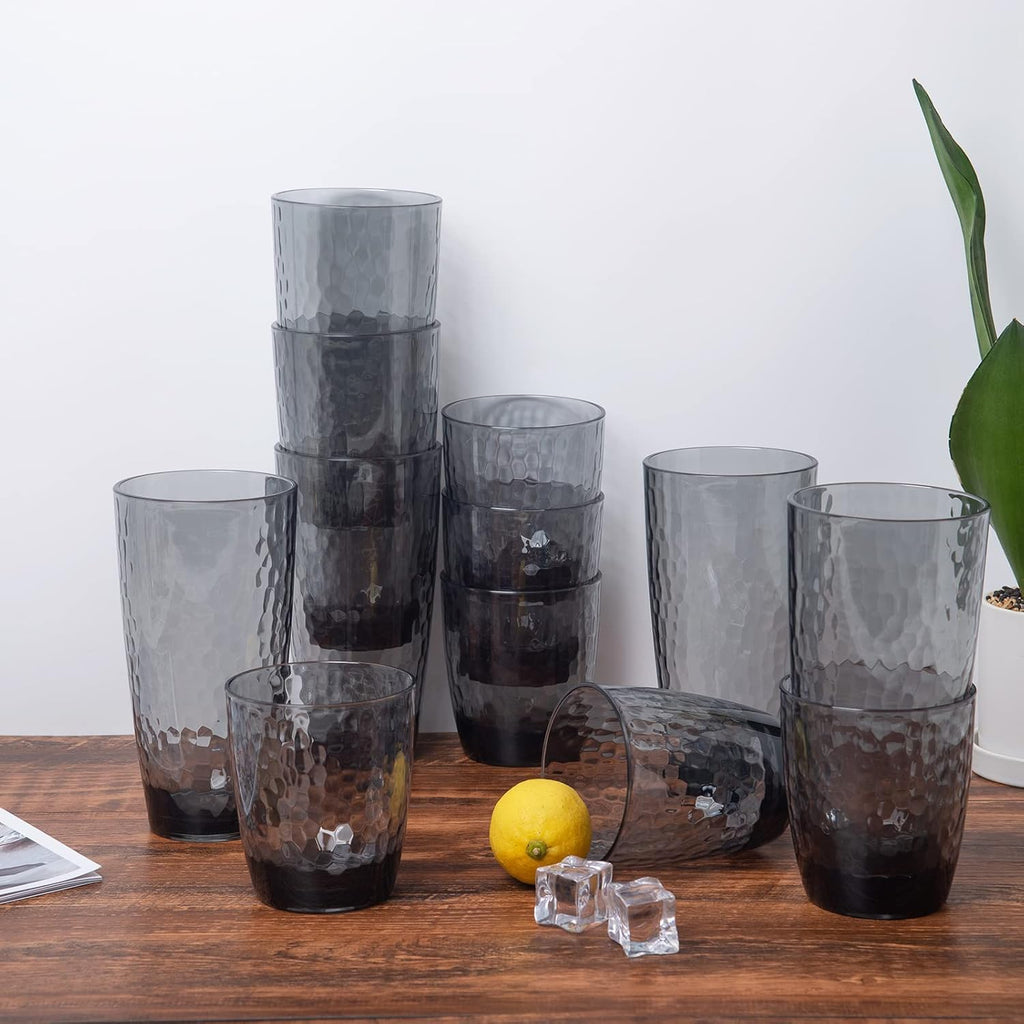 Hammered 15-ounce and 26-ounce Plastic Tumbler Acrylic Glasses, set of 8 Smoky Grey