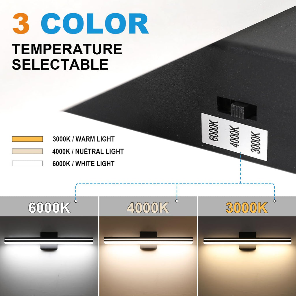 LED Modern Bathroom Vanity Light Bar (24-Inch, 3000K/4000K/6000K), Matte Black Dimmable Modern Acrylic Bathroom Wall