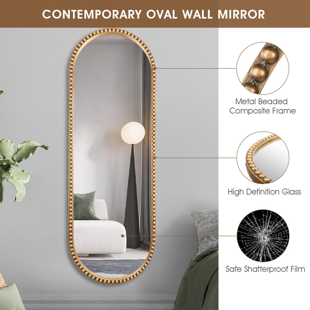 Oval Full Length Mirror, 20"x53" Metal Beaded Frame Large Hanging Dressing Floor Mirror, Antique Gold (No Stand)