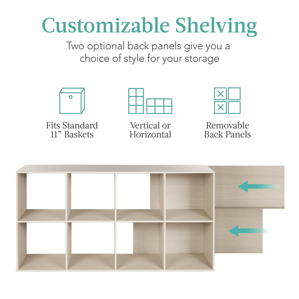 8-Cube Storage Organizer, 11in Shelf Opening, Bookcase, Display Shelf, Customizable w/ 3 Removable Back Panels