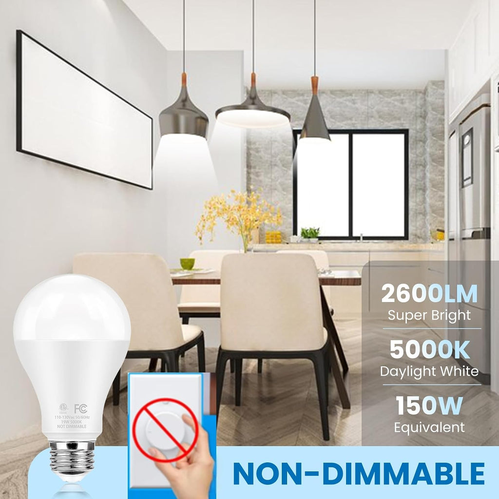 Super Bright LED Light Bulbs, 150 Watt Equivalent, 5000K Daylight White, 2600 High Lumen, E26 Base, Non-Dimmable, A21
