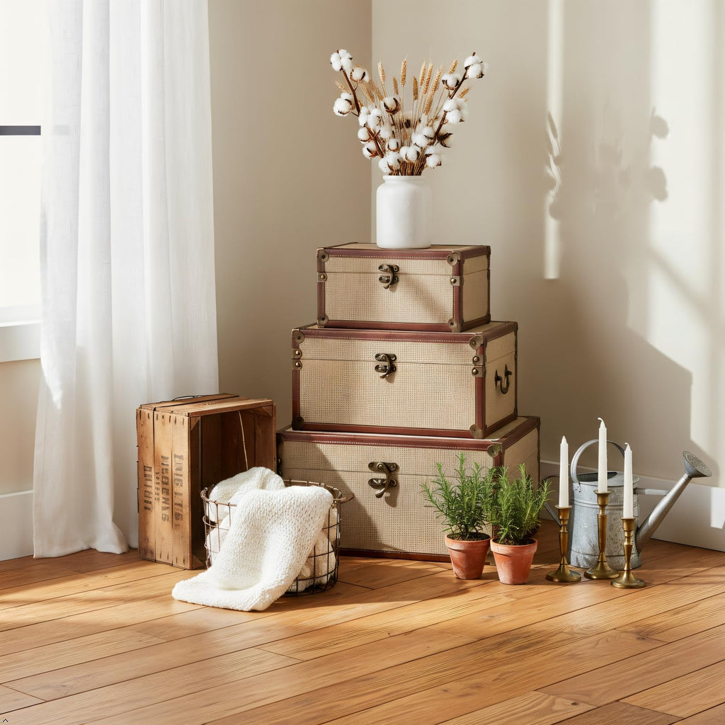 Farmhouse Decorative Storage Trunks Set of 3 Linen and Wood Boho Vintage Boxes with Metal Handles and Clasp, Rustic