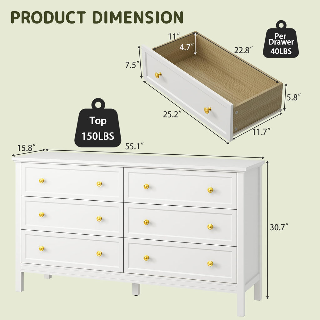 White Dresser, 55" Modern Dresser with 6 Drawers Gold Handles