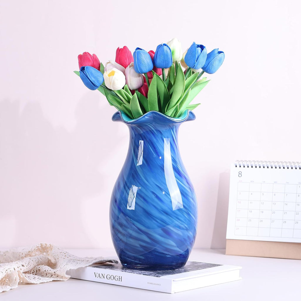 10.6in Hand Blown Blue Glass Vase - Wide Mouth Murano Bubble Art Glass Vase, Cobalt Blue Flower Vase for Coastal