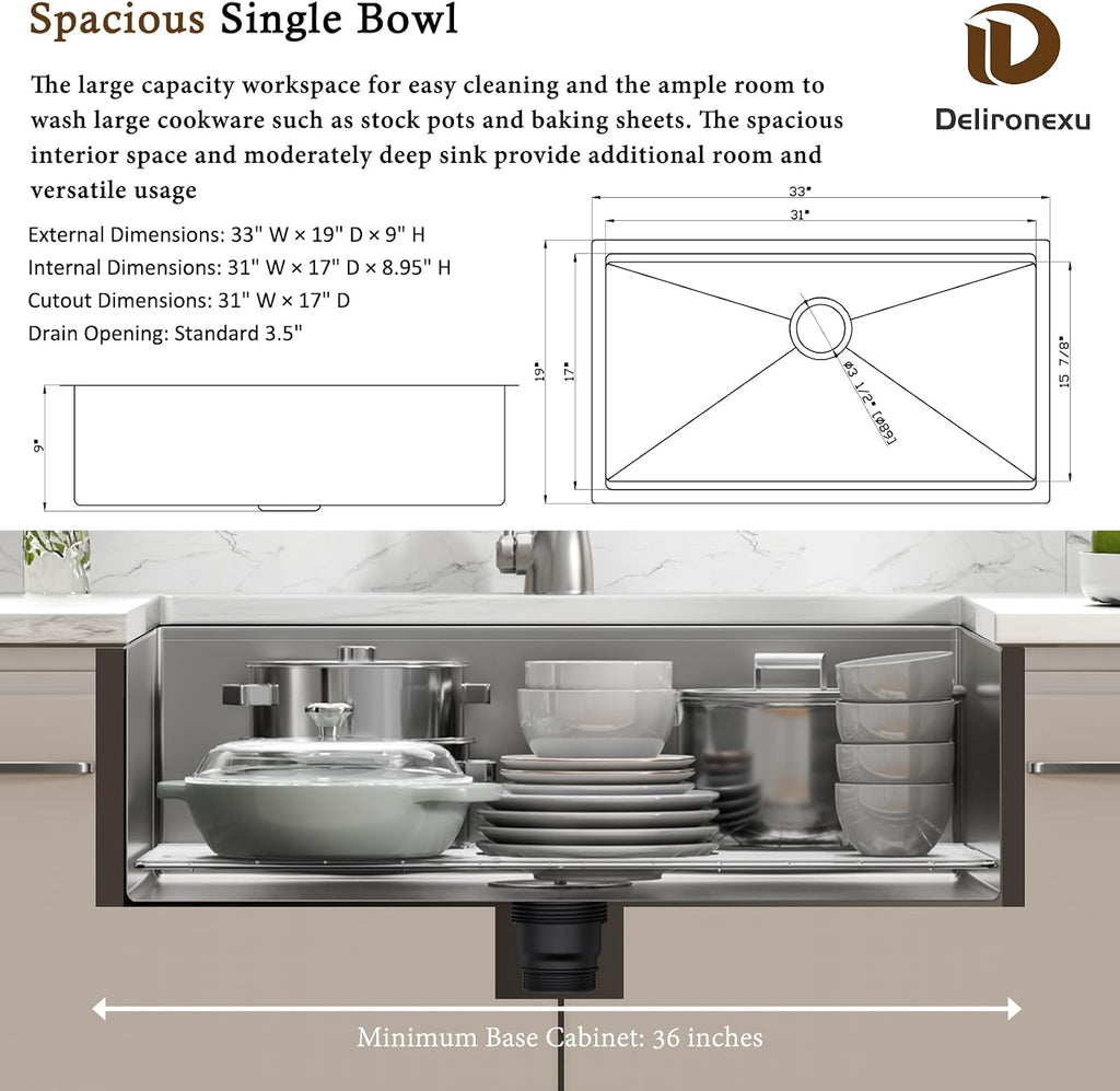 33x19 Undermount Kitchen Sink, 33 Inch Kitchen Sink Workstation, 16 Gauge 304 Stainless Steel Undermount Kitchen Sink