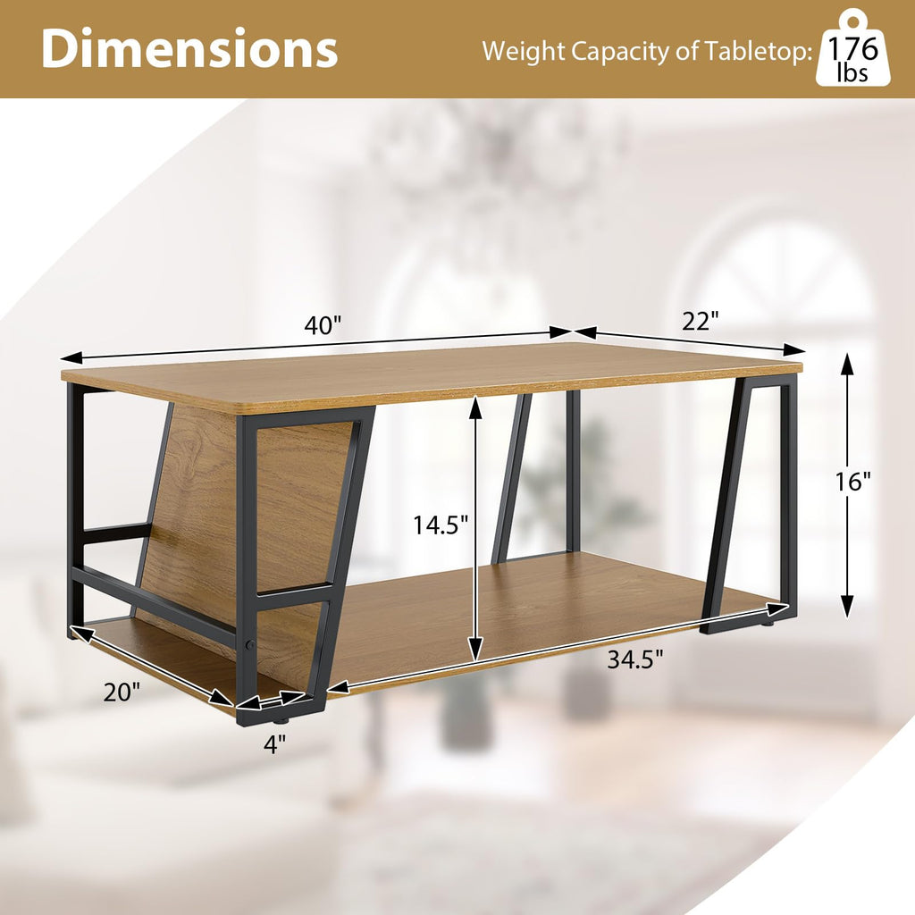 Modern Coffee Table with Storage, 2-Tier Wood Center Table, Oak