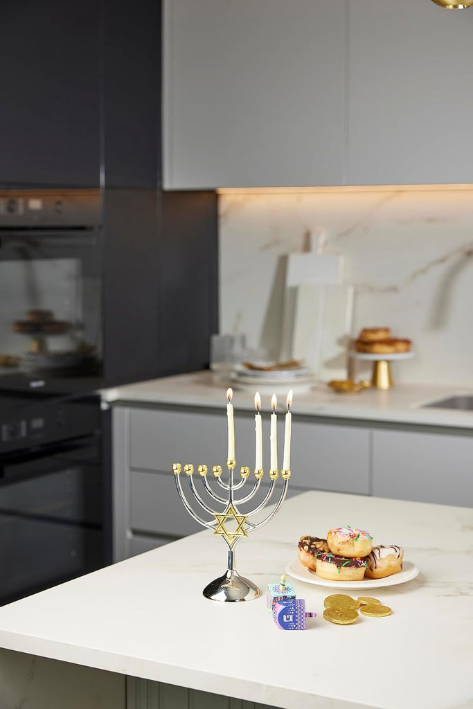 9 Branch Metal with Magen David: Modern, Elegant Jewish Hanukkah Replica Candelabra Candleholder Stand, 2-Toned