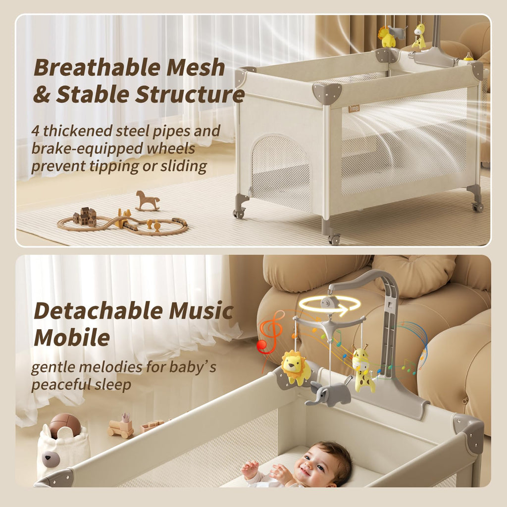 4-in-1 Play Yard with Bassinet Bedside Sleeper for Baby Playard
