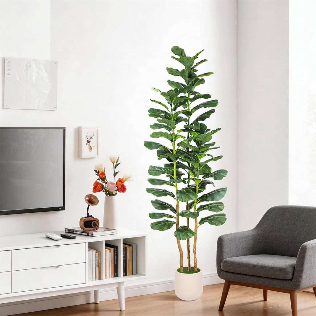 6ft Artificial Fiddle Leaf Fig Tree with White Planter, Tall Fake Plant with Natural Wood Trunk and Lifelike Leaves