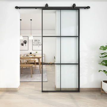 38in x 96in Glass Sliding Barn Door with 6.6ft Hardware kit, 3-Panel Black Aluminum Frame and Clear Tempered Glass