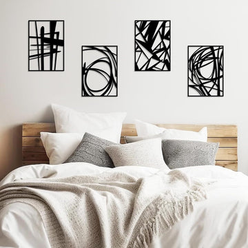 Black Metal Art Wall Decor, Modern Abstract Wall Art,3D Wall Sculptures,Black Metal Wall Art Bedroom Bathroom (4 - Set of 4