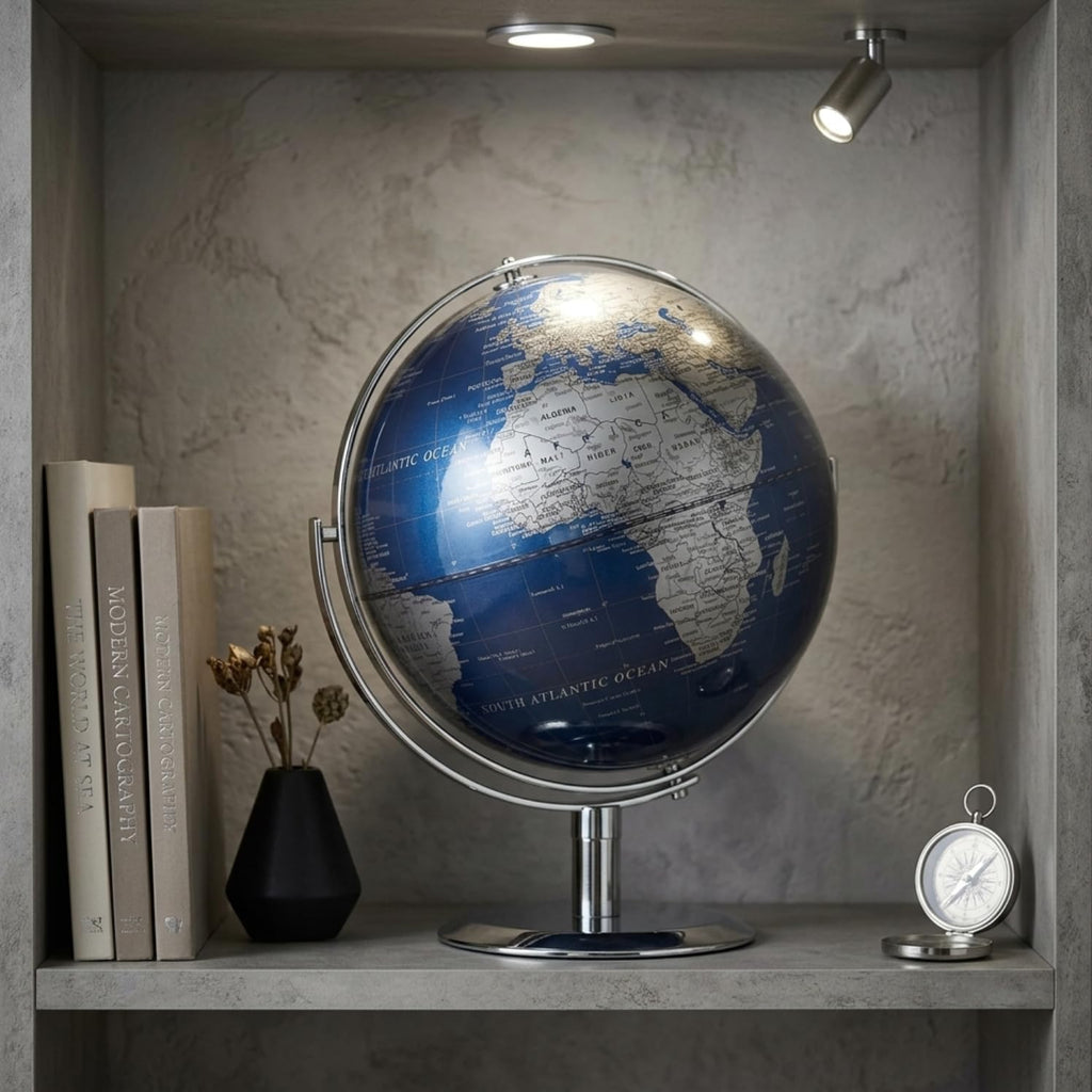 8" Blue World Globe with 720° Rotating Stainless Steel Stand for Adults - Elegant Adult Bookcase Decorative Home Desk