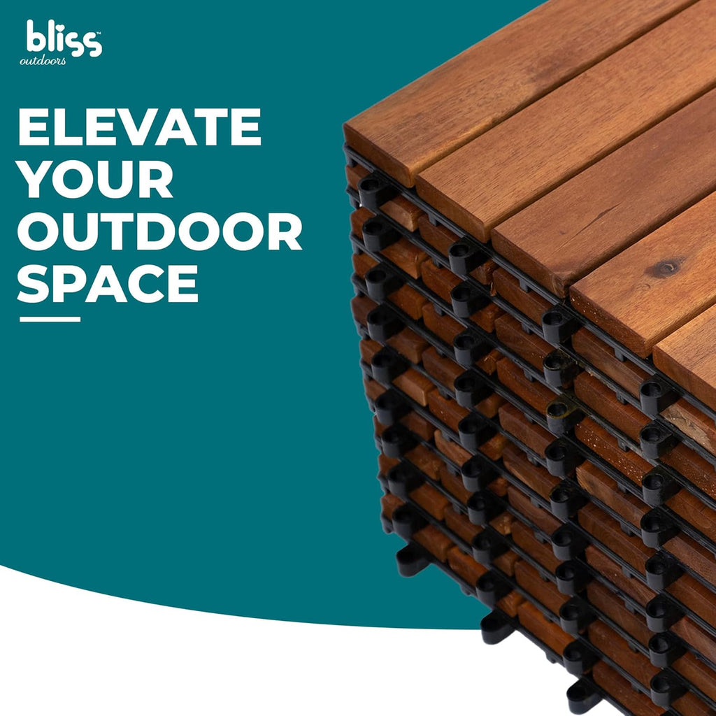 Bliss Outdoors Hardwood 6-Slat Interlocking Deck Tiles, Acacia Wooden Waterproof Patio Flooring for Balcony Indoor and