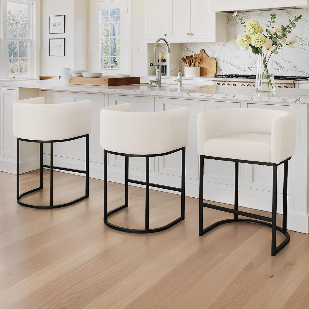 Counter Height Bar Stools Set of 3, Modern Barrel Counter Stools with Backrest and Arms, Black Metal Frames, Linen