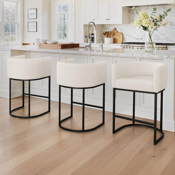 Counter Height Bar Stools Set of 3, Modern Barrel Counter Stools with Backrest and Arms, Black Metal Frames, Linen