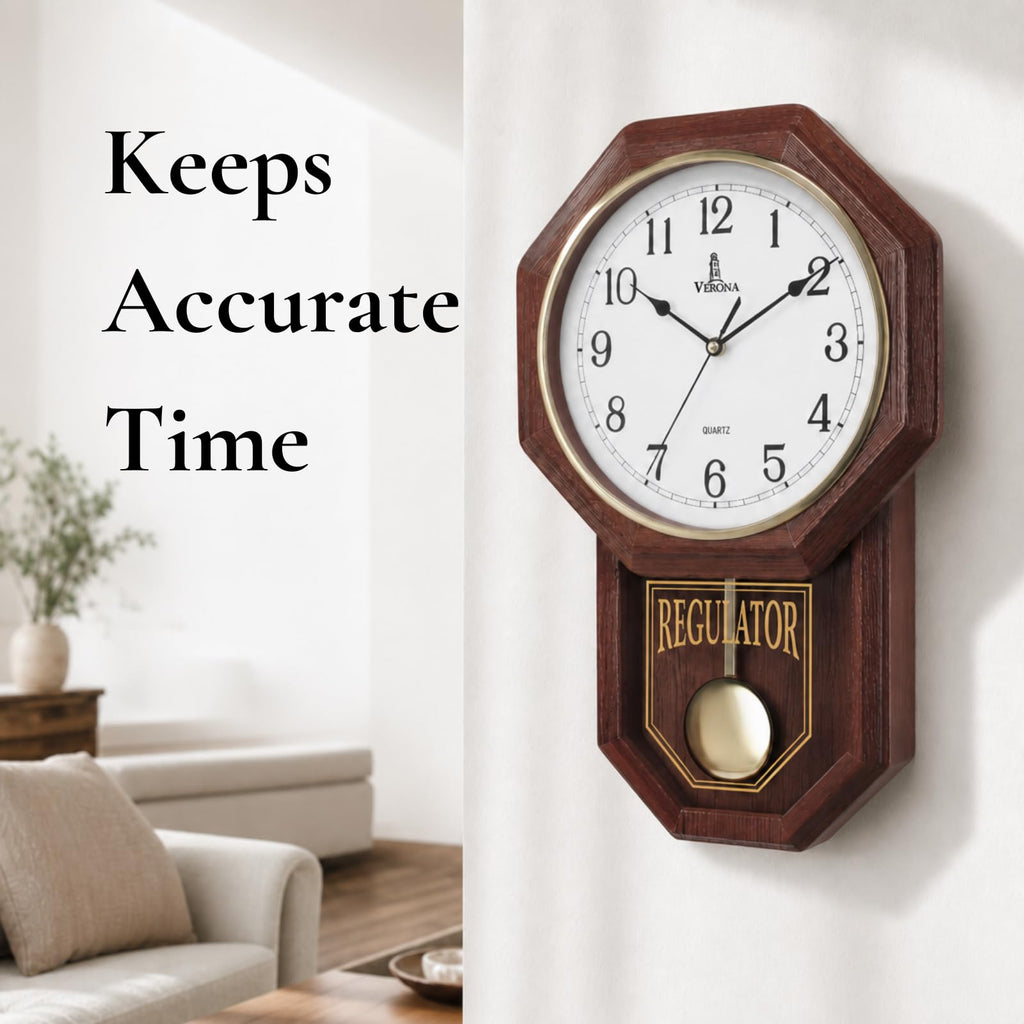 Pendulum Wall Clock, Real Wood Regulator Clock, Quiet, Non-Chiming, Wooden