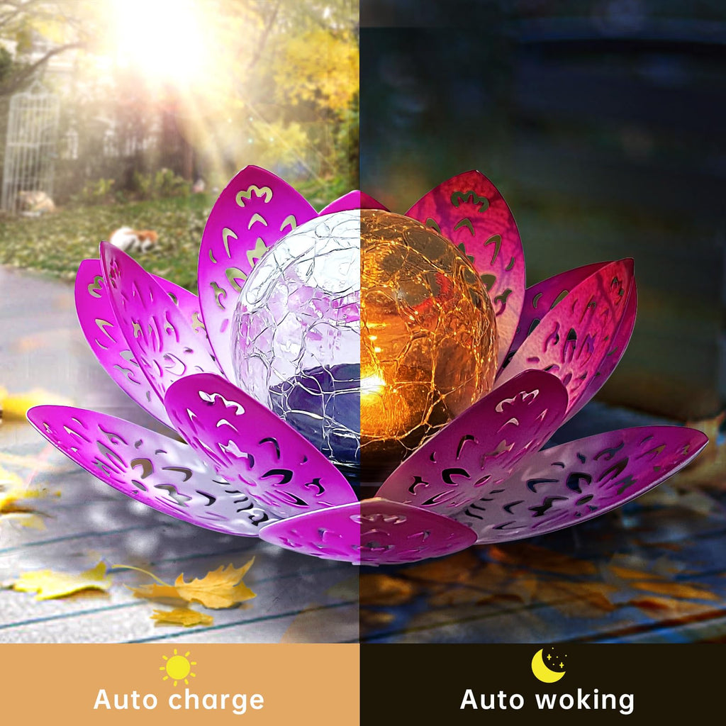 2 Pack Solar Garden Decor Lights Outdoor, Decorative Lotus Flower Solar Path Lights with Crackle Glass Globe, IP44