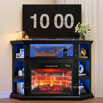 47" Corner Fireplace TV Stand for 55-Inch TVs with Storage, Black