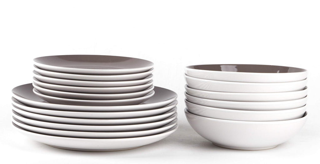 Stoneware Coupe Shape 18pc Dinnerware Set, Outside White + Inside Taupe