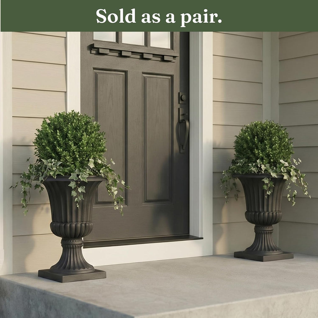 Urn Planters 22", Set of 2, Tall Stone-Resin Pedestal Planters for Outdoor Plants, Large Front Porch Decor, Patio