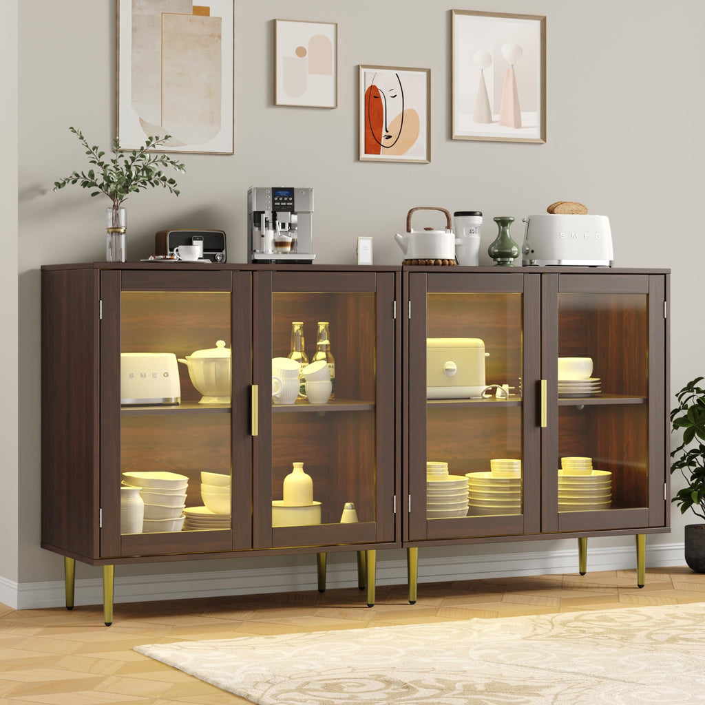 Buffet Cabinet Set of 2, Sideboard Cabinet with LED Lights, Walnut