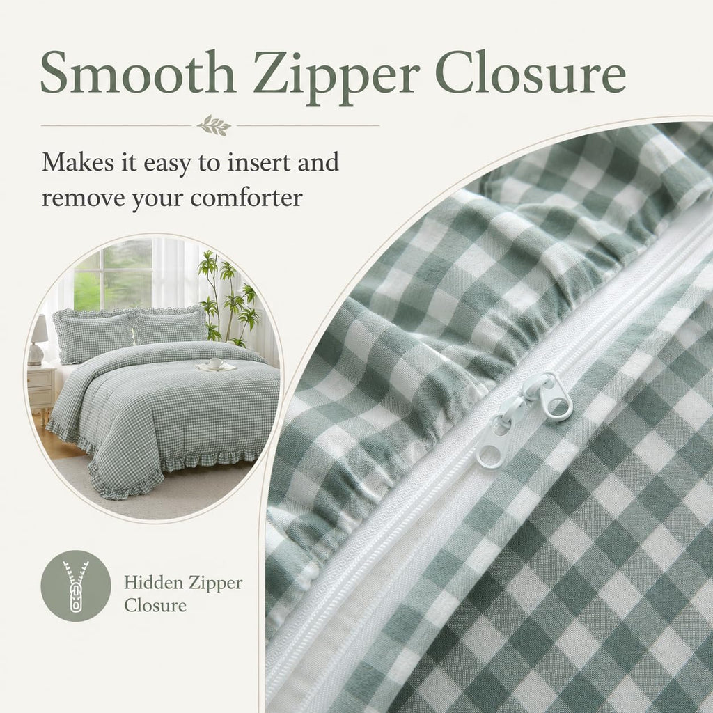 Dusty Green Gingham Ruffle Duvet Cover Set