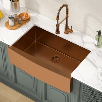 33 inch Farmhouse Kitchen Sink Apron Front 16 Gauge Stainless Steel Copper Tone Bronze Deep Single Bowl Kitchen Farm