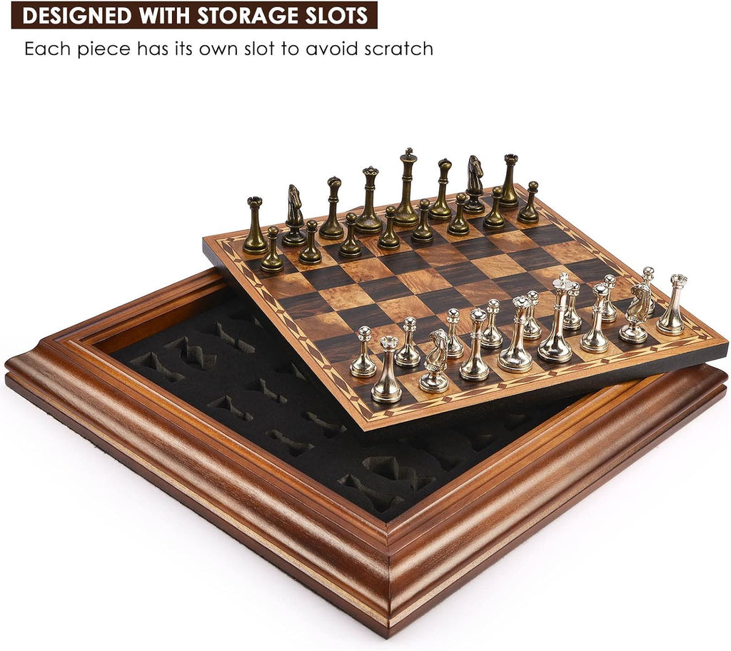 14 inches Wooden Chess Set with Metal Chess Pieces / 2.5'' King/Storage for Chessmen/Gift