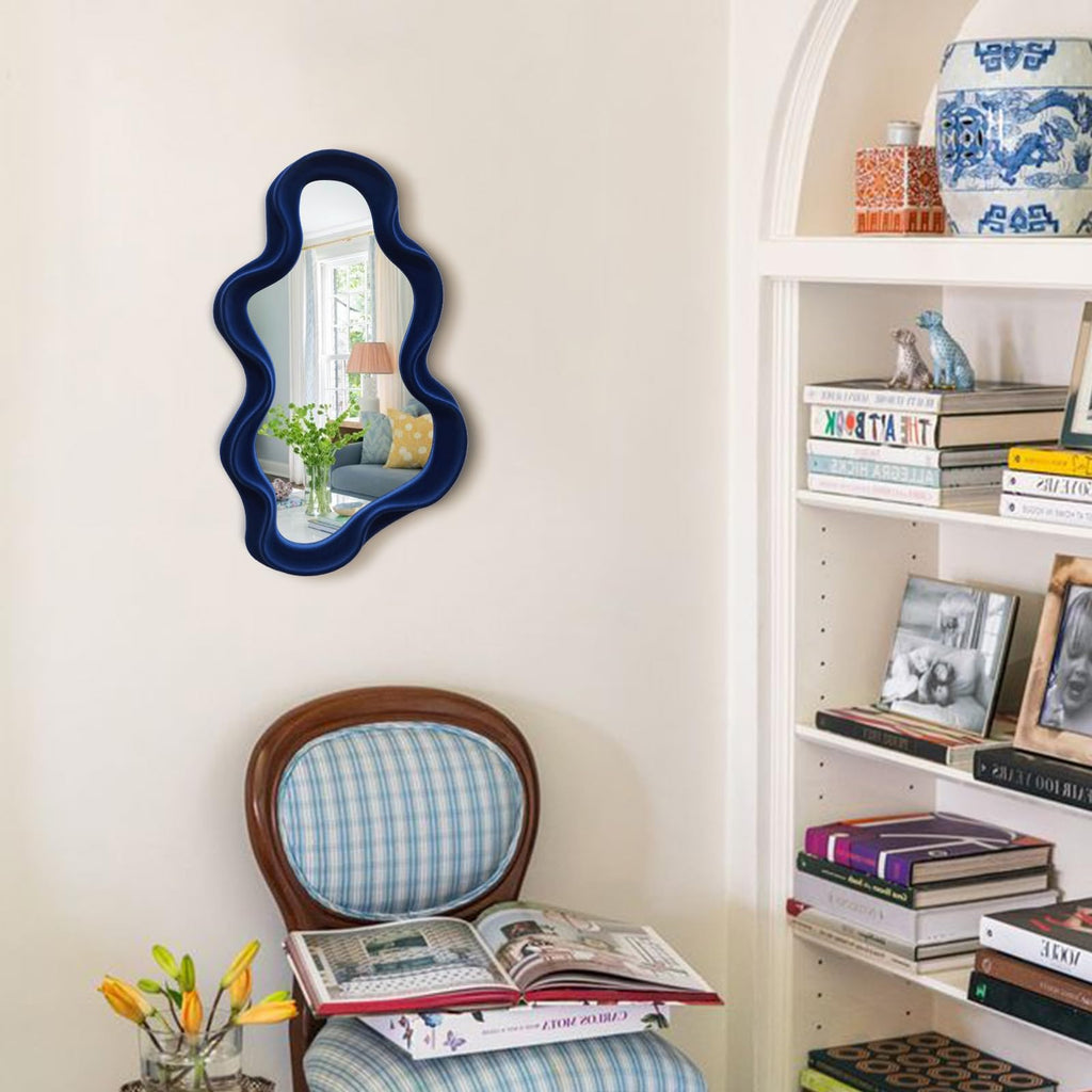 Irregular Wall Mirror Living Room Decor, Decorative Wavy Funky Mirrors with Flocking Touch, Modern Asymmetrical