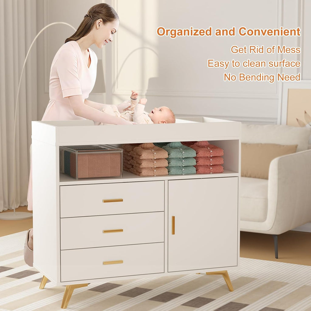 Baby Changing Table Dresser with Table Top, 3 Drawers & Open Shelf | Wooden Diaper Changing Station with Safety Rails