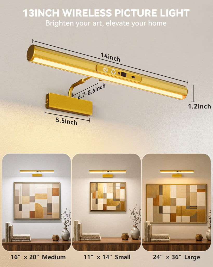 13" Rechargeable Picture Light for Wall with Remote, Gold 2-Pack