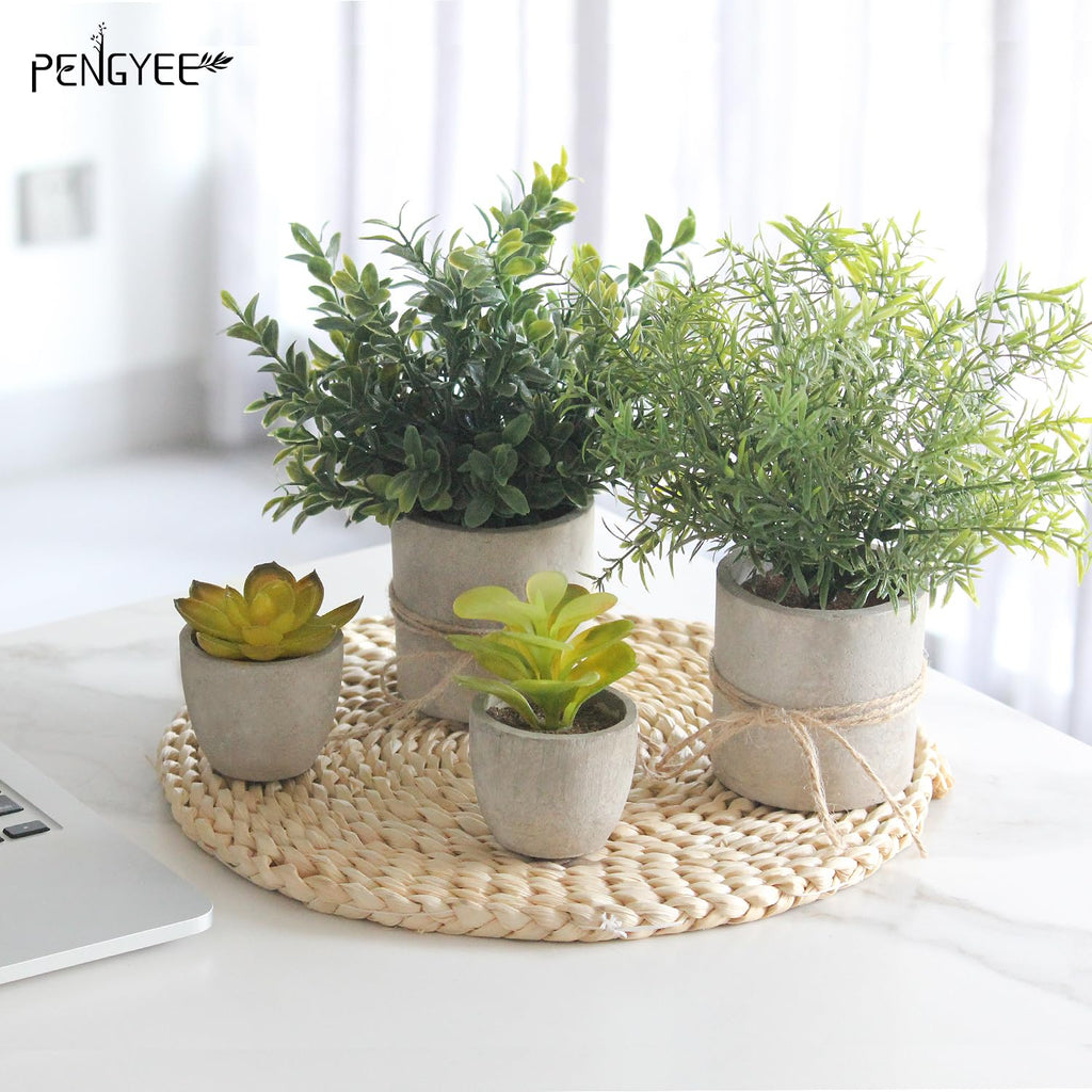 4 Pack Small Fake Plants in Pulp Pot Decor