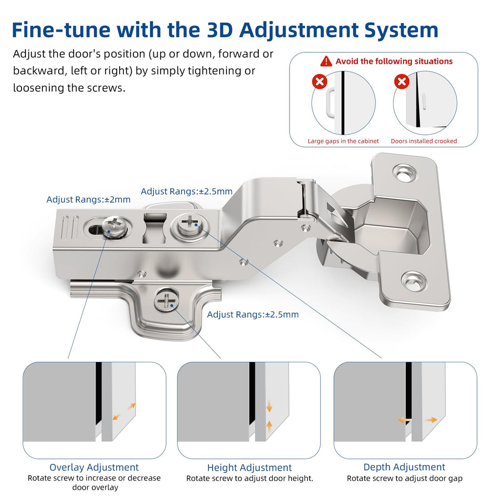 10 Pack Inset Cabinet Hinges, Soft Close, Frameless, 105°