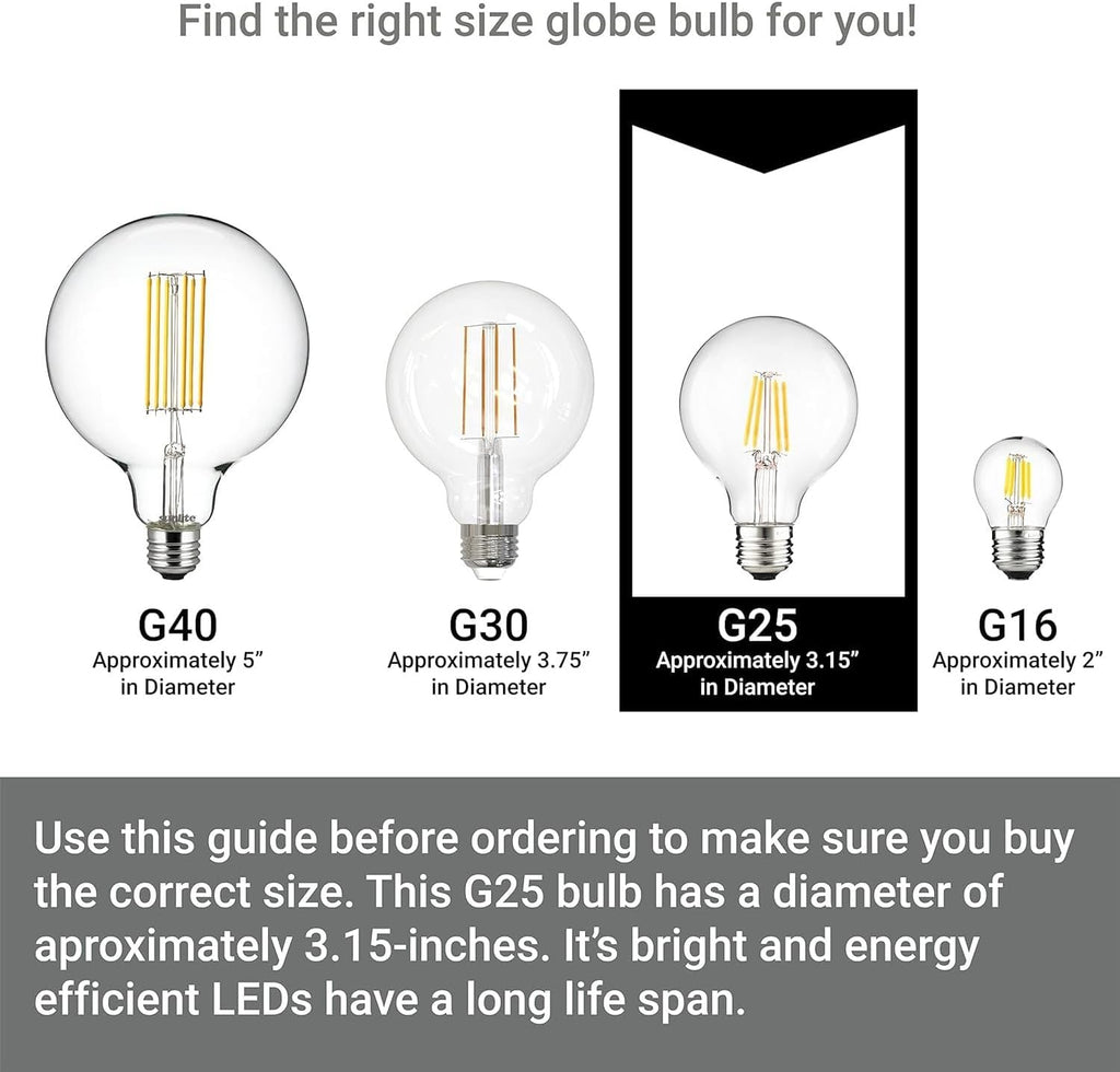 G25 Globe Light Bulbs Vintage Edison Filament Round Clear Glass 8.5W (100W Equivalent) 800 Lumens E26 Medium Base