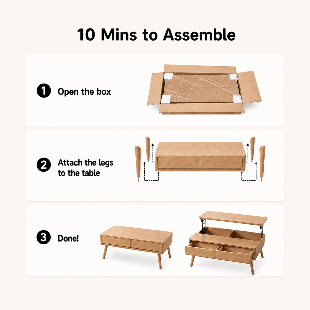 Solid Oak Wood Lift Top Coffee Table, Fully-Assembled