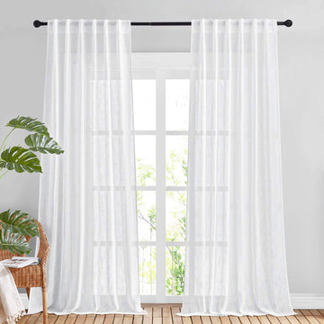 White Sheer 108 inch Curtains, Rod Pocket & Back Tab Semi Linen Sheer Window Treatment Privacy Drapes /Bedroom, 104"
